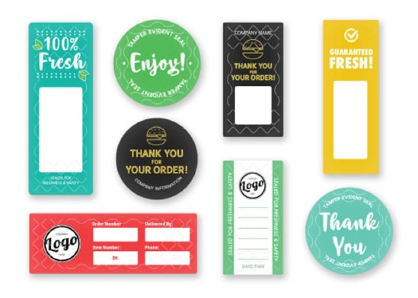 Kilka wzorów kolorowych naklejek i etykiet na żywność z napisami w języku angielskim, m.in. „100% Fresh”, „Thank you for your order”, „Guaranteed Fresh” czy miejsce na wpisanie zamówienia i daty.