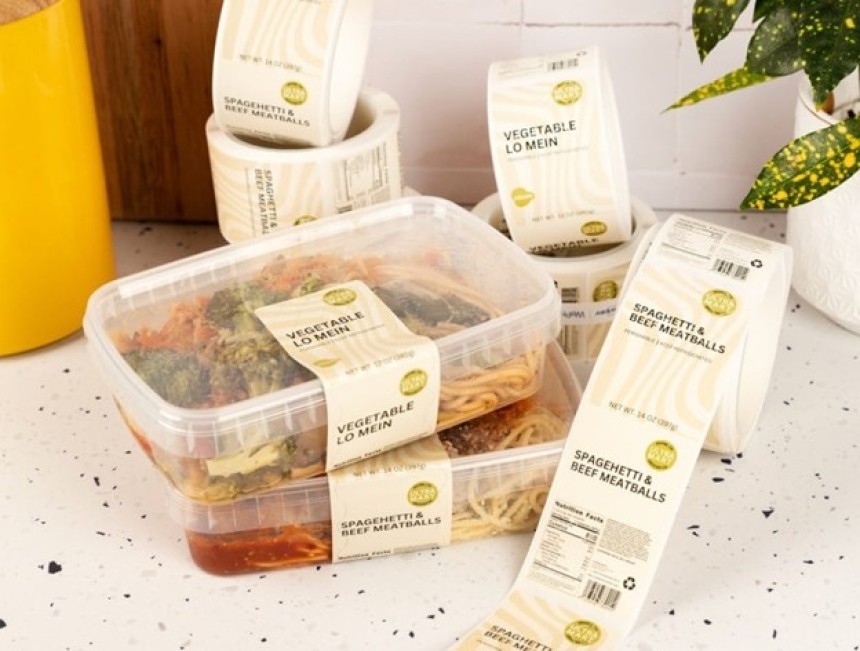 Pojemniki na wynos z jedzeniem, opatrzone dużymi etykietami informacyjnymi, na których widnieje nazwa potrawy, na przykład „Vegetable Lo Mein” i „Spaghetti & Beef Meatballs”. W tle widoczne zwinięte rolki etykiet.