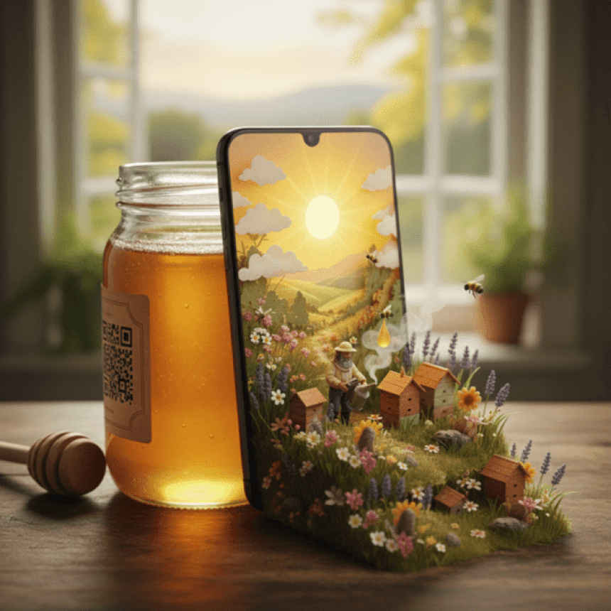 Słoik miodu z etykietą z kodem QR stoi na drewnianym stole przy oknie. Obok oparty jest smartfon, z którego ekranu „wypływa” kolorowa, bajkowa scena pasieki z pszczelarzem, ulami i kwiatami, sugerując opowieść ukrytą w etykiecie.