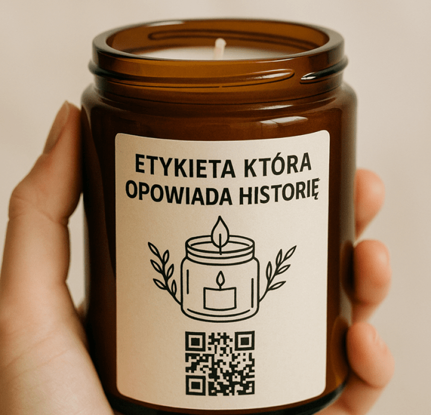 Dłoń trzyma brązowy szklany słoik ze świecą. Na etykiecie napis „Etykieta, która opowiada historię”, rysunek słoika ze świecą otoczonego gałązkami oraz kod QR, który można zeskanować, by poznać historię produktu