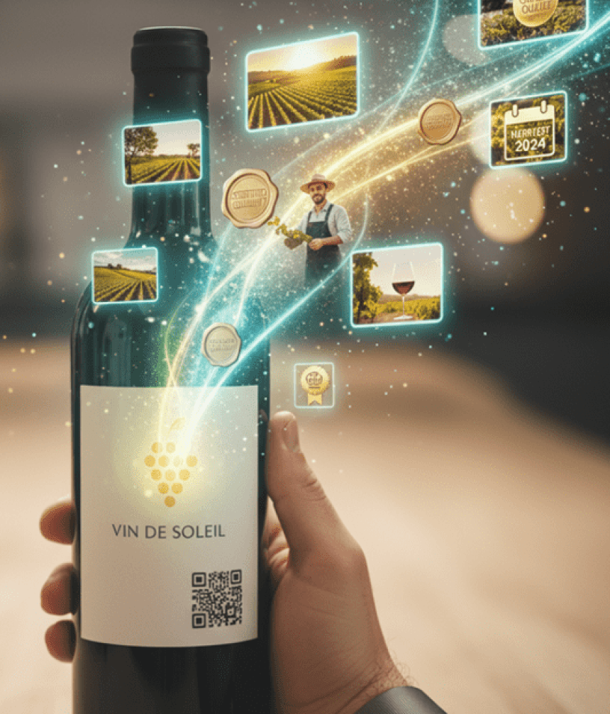 Dłoń trzyma butelkę wina z etykietą „Vin de Soleil” i kodem QR. Z etykiety wylatują świetliste strumienie z małymi obrazkami winnic, winiarza, kieliszka wina oraz medali i daty „Harvest 2024”, symbolizując historię wina ukrytą w kodzie QR.
