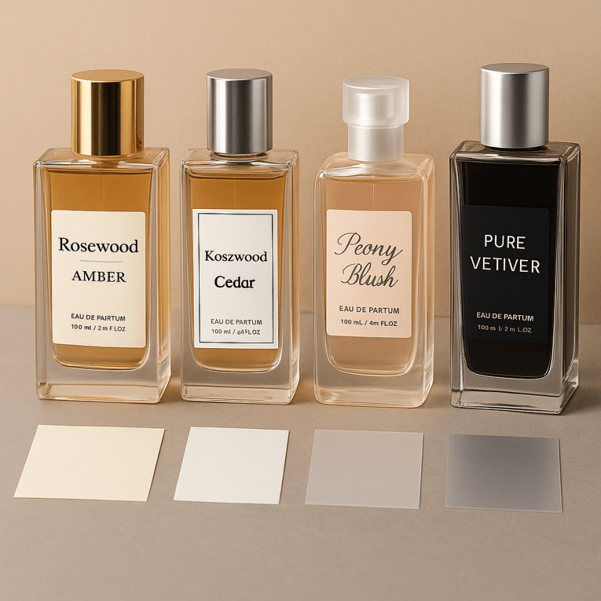 Cztery prostokątne flakony perfum z różnymi etykietami: „Rosewood Amber”, „Koszwood Cedar”, „Peony Blush” i „Pure Vetiver”, ustawione w rzędzie nad czterema próbkami kolorów etykiet na blacie.