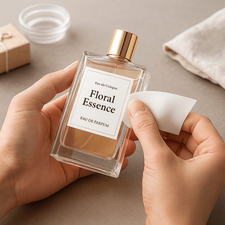 Dwie dłonie trzymają prostokątny flakon perfum „Floral Essence Eau de Parfum” z złotą zakrętką; w prawej dłoni biała ściereczka, jakby ktoś czyścił etykietę, na tle stołu z mydelniczką i ręcznikiem.