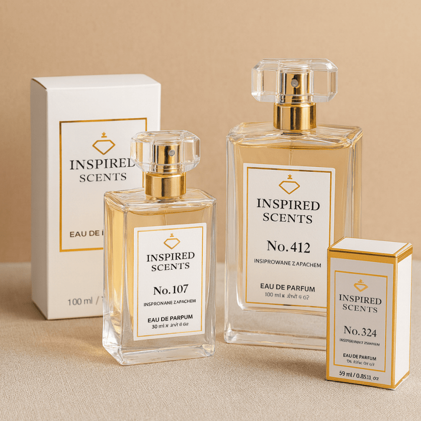 Zestaw perfum „Inspired Scents” na beżowym tle: dwa duże prostokątne flakony oraz dwa kartoniki w różnych rozmiarach, wszystkie z białymi etykietami z złotą ramką i numerami zapachów 107, 412 i 324.