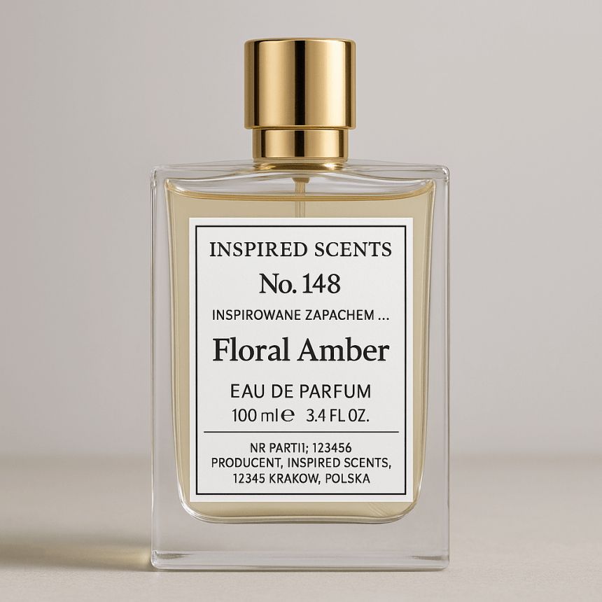 Zbliżenie pojedynczego prostokątnego flakonu „Inspired Scents No. 148 Floral Amber Eau de Parfum 100 ml”, z białą etykietą z czarnym tekstem i złotą zakrętką na neutralnym tle.