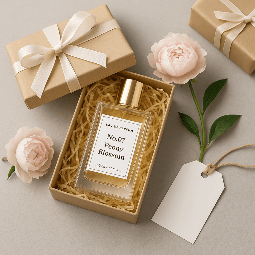 Otwierane pudełko prezentowe z brązowego kartonu, wyłożone wiórkami papieru, z butelką perfum „No.07 Peony Blossom” w środku; obok pudełka leżą jasnoróżowe kwiaty piwonii, zielona gałązka i pusta, papierowa zawieszka na sznurku.