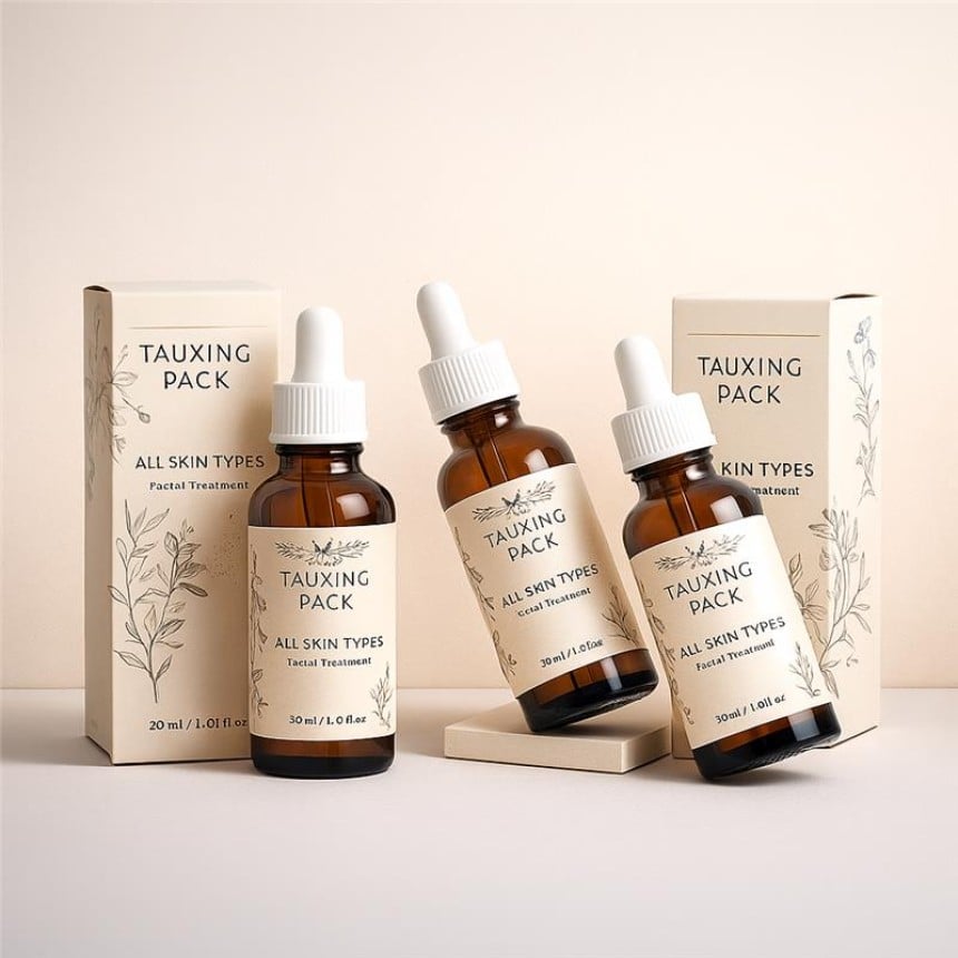 Trzy brązowe butelki z białymi pipetami „Tauxing Pack – All Skin Types – Facial Treatment” stoją pomiędzy beżowymi kartonikami z roślinną grafiką; dwa kartoniki są pionowo, a środkowa butelka lekko przechylona, wszystko na jasnym tle.