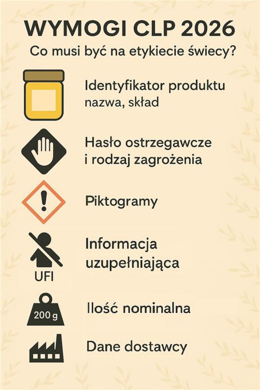 Infografika po polsku przedstawiająca listę wymogów CLP 2026 dla etykiety świecy: identyfikator produktu, hasło ostrzegawcze i rodzaj zagrożenia, piktogramy, informacje uzupełniające (UFI), ilość nominalna i dane dostawcy.