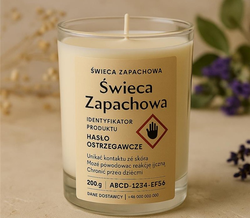 Szklana świeca zapachowa w kremowym kolorze z dużą, beżową etykietą zgodną z CLP. Na etykiecie widoczny napis „Świeca zapachowa”, miejsce na identyfikator produktu i hasło ostrzegawcze z piktogramem dłoni w czerwonym rombie, ostrzeżenie o ryzyku reakcji skórnej, ilość „200 g”, kod UFI „ABCD‑1234‑EF56” oraz pole na dane dostawcy.