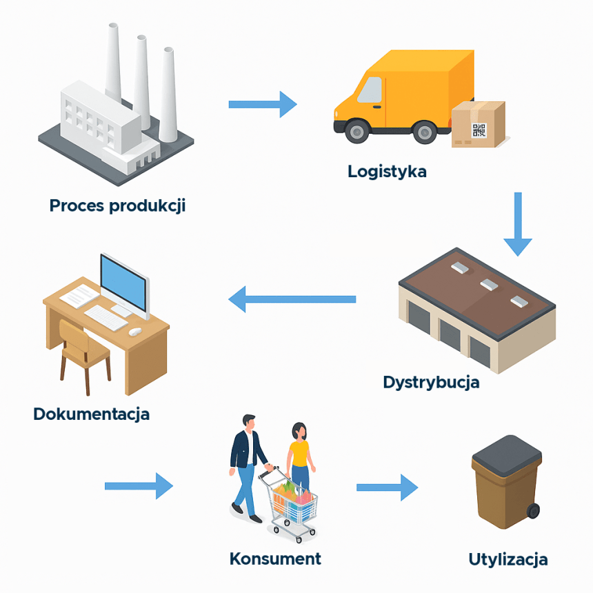 Schemat cyklu życia produktu z podpisami: „Proces produkcji” (fabryka), strzałka do „Logistyka” (żółta ciężarówka z paczką i kodem QR), dalej do „Dystrybucja” (magazyn). Z magazynu strzałka prowadzi do „Konsument” (para z wózkiem sklepowym), następnie do „Utylizacja” (kosz na śmieci). Osobny tor: „Dokumentacja” (biurko z komputerem) połączona strzałką wsteczną z „Dystrybucja”.