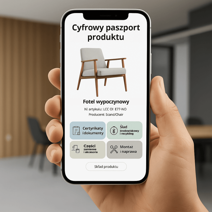 Zdjęcie dłoni trzymającej smartfon z ekranem aplikacji „Cyfrowy paszport produktu”. Na ekranie zdjęcie fotela wypoczynkowego oraz przyciski: „Certyfikaty i dokumenty”, „Ślad środowiskowy i recykling”, „Części zamienne i akcesoria”, „Montaż i naprawa” oraz „Skład produktu”. W tle rozmyte wnętrze biura lub salonu.