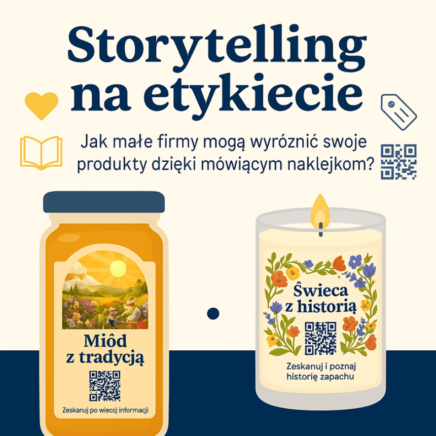Grafika informacyjna w języku polskim o wykorzystaniu storytellingu na etykietach produktów. Na górze duży napis: „Storytelling na etykiecie”. Poniżej tekst: „Jak małe firmy mogą wyróżnić swoje produkty dzięki mówiącym naklejkom?”. Po lewej stronie ilustracja słoika miodu z niebieską zakrętką. Na etykiecie widać barwną scenę pola kwiatów z pszczołami oraz napis „Miód z tradycją” i kod QR z dopiskiem „Zeskanuj po więcej informacji”. Po prawej stronie ilustracja zapalonej świecy w szklanym słoiku. Na etykieci