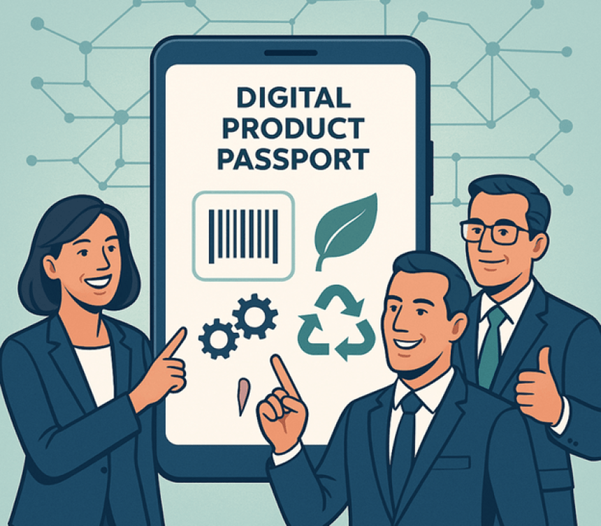Ilustracja trzech osób w garniturach stojących przed dużym ekranem smartfona z napisem „Digital Product Passport” oraz ikonami kodu kreskowego, liścia, kół zębatych i symbolu recyklingu; wszystkie osoby uśmiechnięte, wskazują na ekran i pokazują kciuk w górę.