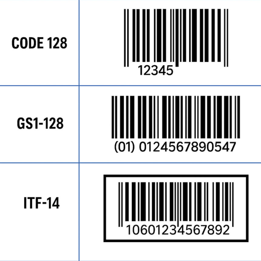 Schemat przedstawiający trzy typy kodów kreskowych: Code 128, GS1-128 i ITF-14 (kody logistyczne)
