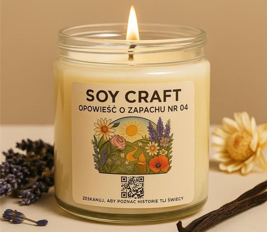 Zapalone kremowe świece sojowe w szklanym słoiku z etykietą „Soy Craft – Opowieść o zapachu nr 04”, na której widnieje kolorowa ilustracja kwiatów i słońca oraz kod QR; wokół leżą suszone kwiaty lawendy, stokrotka i laska wani