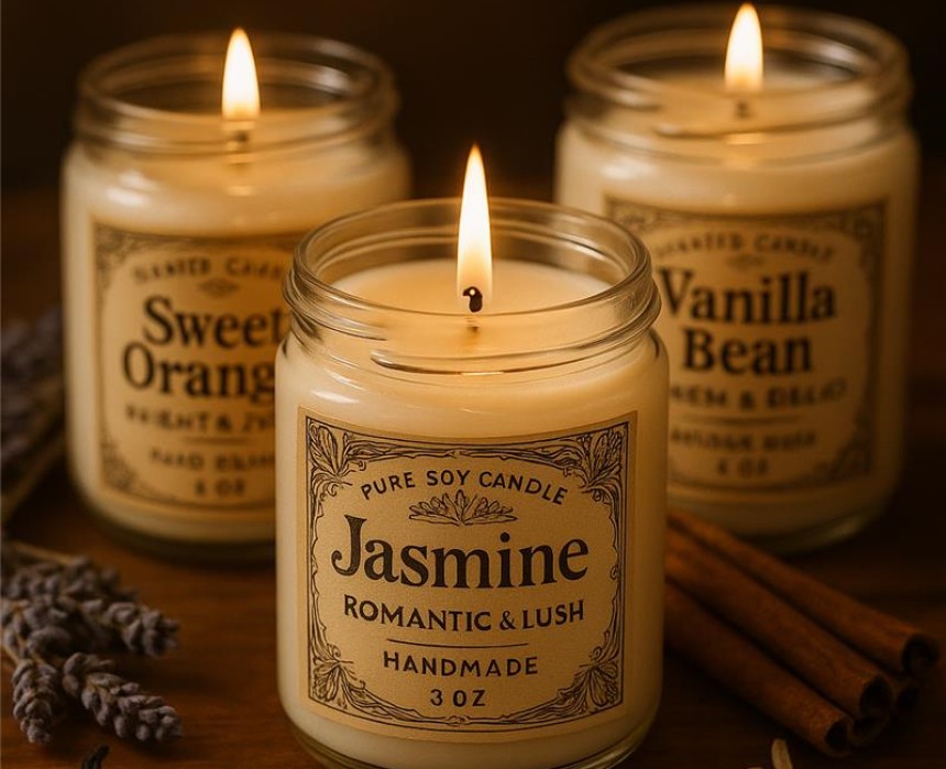 Trzy zapalone świece sojowe w szklanych słoikach z ozdobnymi etykietami; na pierwszym planie świeca „Jasmine”, w tle „Sweet Orange” i „Vanilla Bean”, obok suszona lawenda, laska wanilii i kora cynamonu."