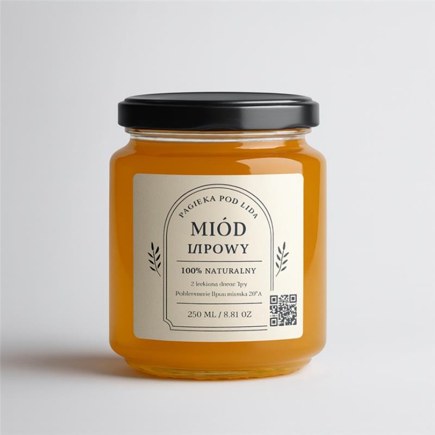 Słoik miodu lipowego z czarną zakrętką i jasną etykietą z napisem „Miód lipowy – 100% naturalny”, stojący na białym tle.