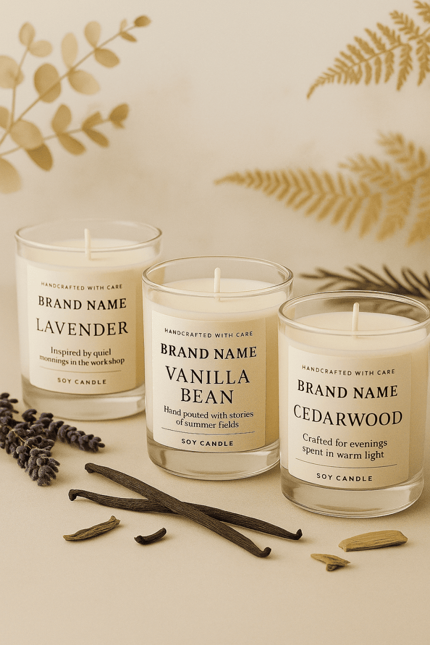 Trzy kremowe świece sojowe w szklanych słoikach z etykietami „Lavender”, „Vanilla Bean” i „Cedarwood”, ustawione na beżowym tle w otoczeniu gałązek lawendy, lasek wanilii i drewienek