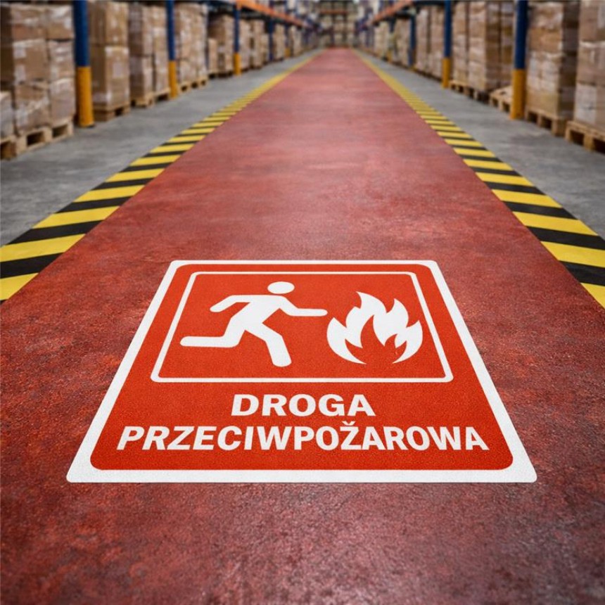 Duża, czerwona naklejka podłogowa z napisem "DROGA PRZECIWPOŻAROWA" i piktogramem ewakuacji, umieszczona na wyznaczonej drodze w korytarzu magazynowym.