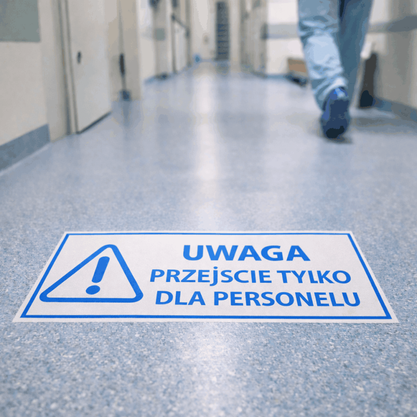 Podłużna naklejka podłogowa na korytarzu szpitalnym. Na naklejce znajduje się niebieski piktogram ostrzegawczy (trójkąt z wykrzyknikiem) i napis: "UWAGA PRZEJŚCIE TYLKO DLA PERSONELU". W tle widać idącą postać w stroju medycznym.