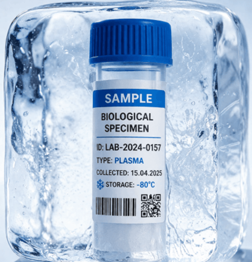 Fiolka z próbką biologiczną zamrożona w dużej kostce lodu. Na etykiecie widnieje napis "SAMPLE", "BIOLOGICAL SPECIMEN" oraz informacje, że jest to osocze (PLASMA) i wymaga przechowywania w temperaturze -80°C.