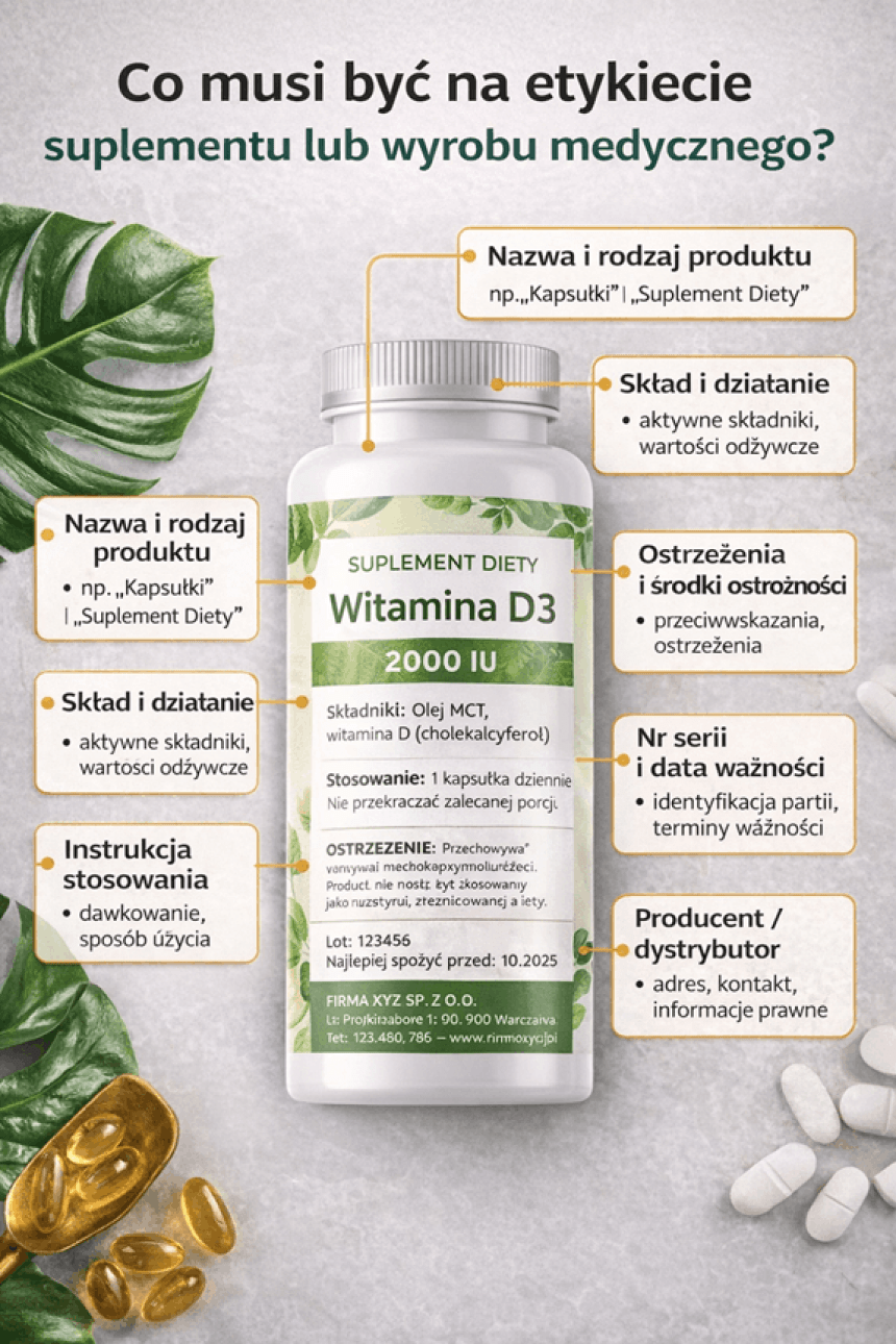 Infografika wyjaśniająca, jakie elementy muszą znaleźć się na etykiecie suplementu diety. W centrum znajduje się opakowanie witaminy D3, a od etykiety odchodzą linie wskazujące na kluczowe informacje: Nazwa i rodzaj produktu, Skład i działanie, Instrukcja stosowania, Ostrzeżenia i środki ostrożności, Numer serii i data ważności oraz Producent/dystrybutor.