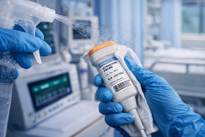 Pracownik medyczny w niebieskich rękawiczkach dezynfekuje głowicę USG. Jedną ręką trzyma urządzenie owinięte w ściereczkę, a drugą spryskuje je płynem z butelki z atomizerem. W tle widać aparaturę medyczną.