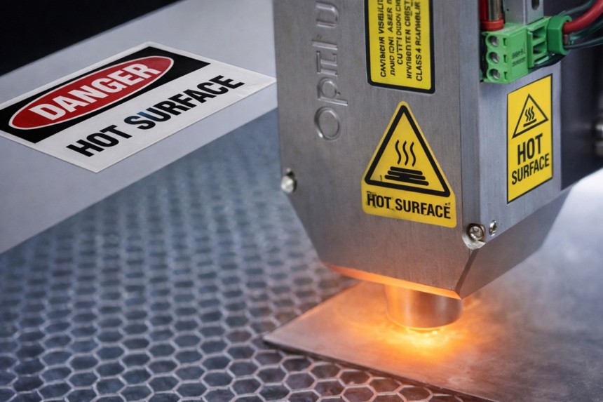 Zbliżenie na maszynę grawerującą laserowo żółtą etykietę ostrzegawczą z napisem "HOT SURFACE" i symbolem gorącej powierzchni. Obok leży gotowa, biało-czerwona etykieta z napisem "DANGER HOT SURFACE".