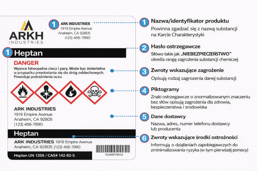 Infografika przedstawiająca budowę etykiety ostrzegawczej GHS na przykładzie produktu "Heptan". Poszczególne elementy etykiety są ponumerowane i opisane: 1. Nazwa/identyfikator produktu. 2. Hasło ostrzegawcze (np. "NIEBEZPIECZEŃSTWO"). 3. Zwroty wskazujące zagrożenie. 4. Piktogramy ostrzegawcze. 5. Dane dostawcy. 6. Zwroty wskazujące środki ostrożności.