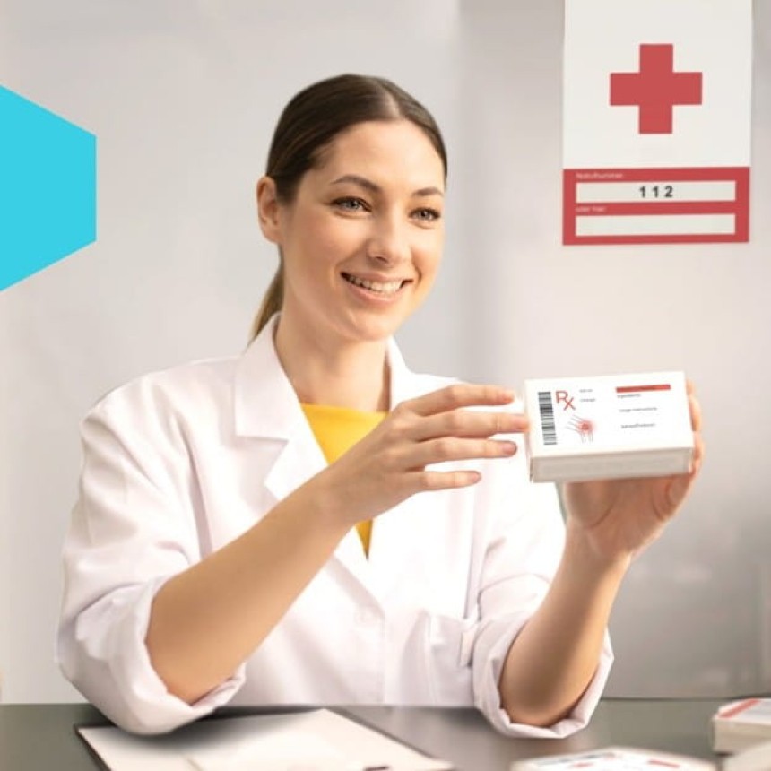 Uśmiechnięta farmaceutka w białym kitlu pokazuje pacjentowi opakowanie leku na receptę.