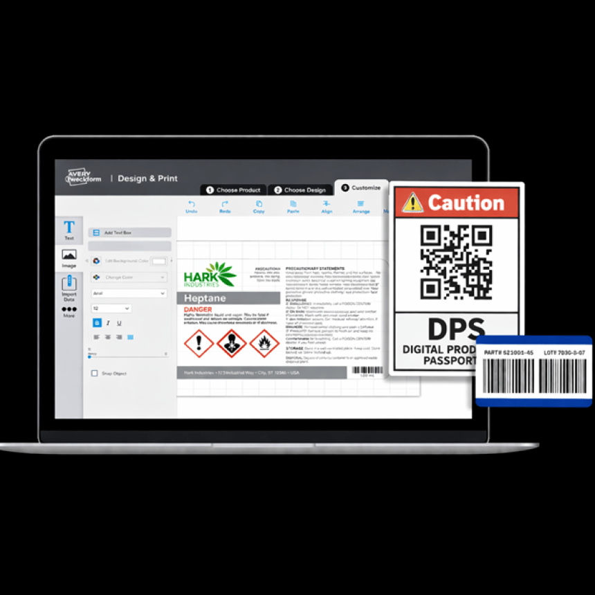 Na ekranie laptopa widoczne jest oprogramowanie Avery Design & Print do projektowania etykiet chemicznych. Obok wyświetlona jest gotowa etykieta ostrzegawcza z napisem "Caution", kodem QR i kodem kreskowym, stworzona w programie.