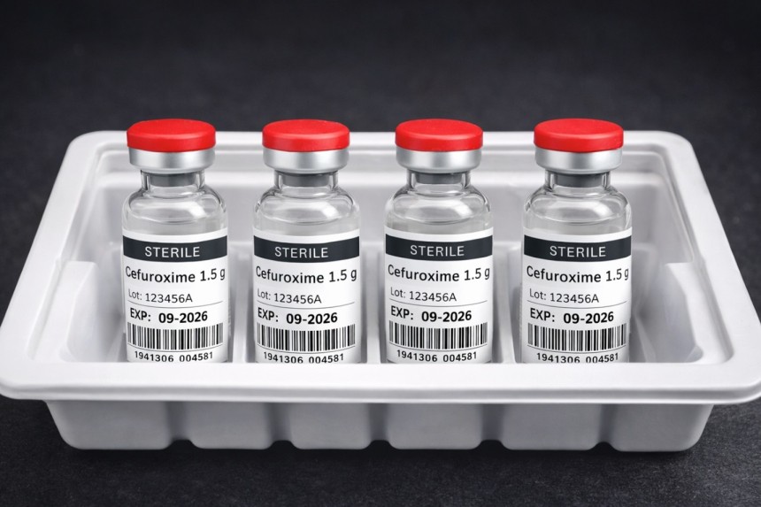 Cztery szklane fiolki leku Cefuroxime 1,5 g z czerwonymi wieczkami, umieszczone w białym, plastikowym opakowaniu. Na etykietach widoczne są napisy "STERILE", numer serii i data ważności.
