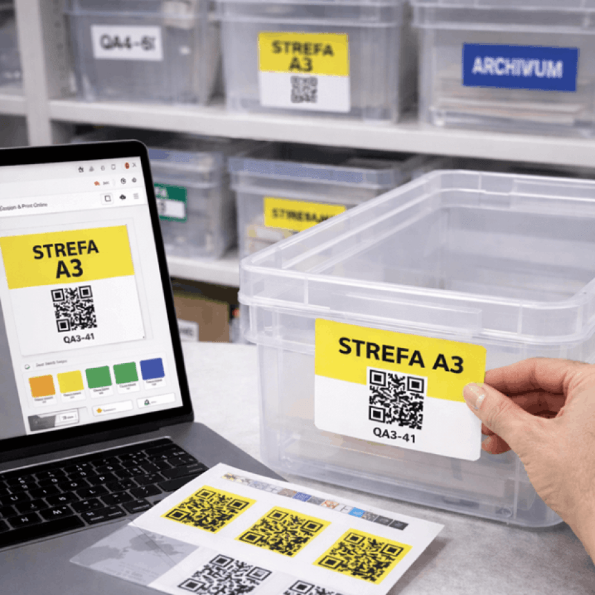 Osoba nakleja na przezroczysty pojemnik żółtą etykietę z napisem "STREFA A3" i kodem QR. W tle widać laptopa z otwartym oprogramowaniem do projektowania etykiet oraz wydrukowany arkusz z tymi samymi etykietami, co ilustruje proces od projektu do aplikacji.