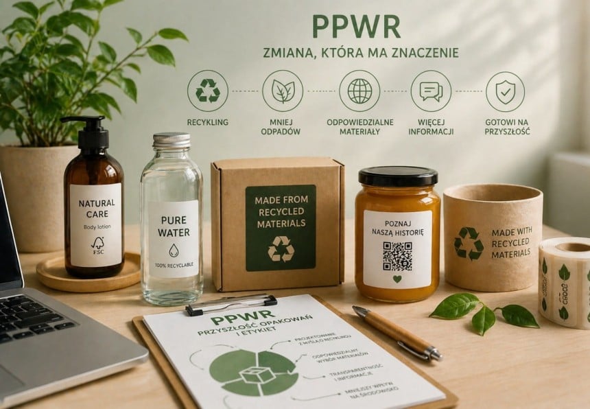 Infografika "PPWR Zmiana, która ma znaczenie" z pięcioma ikonami i podpisami: Recykling, Mniej odpadów, Odpowiedzialne materiały, Więcej informacji, Gotowi na przyszłość. Na biurku w tle widać przykłady ekologicznych opakowań.
