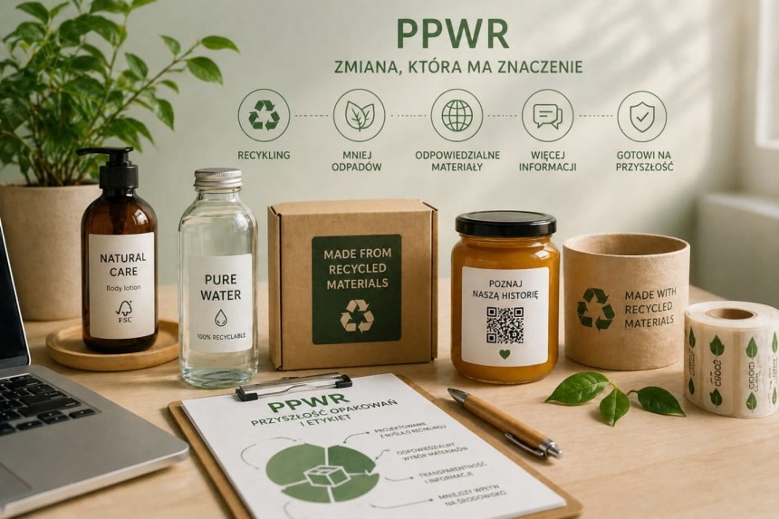 Infografika "PPWR Zmiana, która ma znaczenie" z pięcioma ikonami i podpisami: Recykling, Mniej odpadów, Odpowiedzialne materiały, Więcej informacji, Gotowi na przyszłość. Na biurku w tle widać przykłady ekologicznych opakowań.
