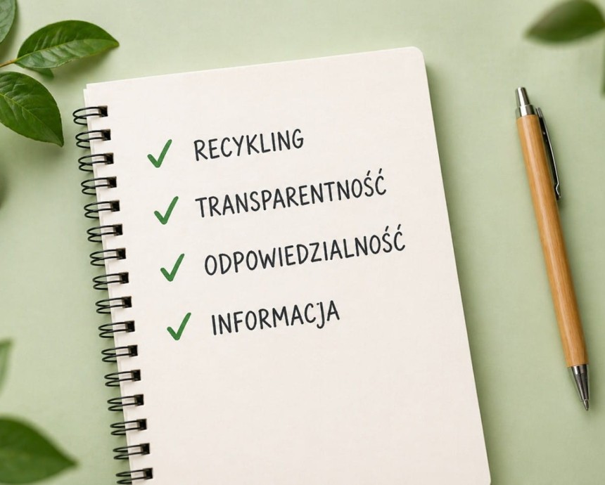 Otwarty notatnik na zielonym tle, obok gałązka i długopis. Na kartce lista z zielonymi znacznikami: Recykling, Transparentność, Odpowiedzialność, Informacja.