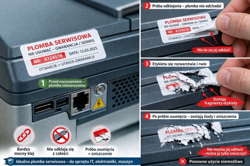 Infografika przedstawiająca właściwości plomby serwisowej w czterech krokach. 1: Nienaruszona plomba na obudowie urządzenia. 2: Próba odklejenia - plomba nie odchodzi w całości. 3: Podczas próby usunięcia etykieta kruszy się i rwie na drobne fragmenty. 4: Po usunięciu na powierzchni pozostają widoczne ślady i zniszczenia, uniemożliwiając ponowne użycie.