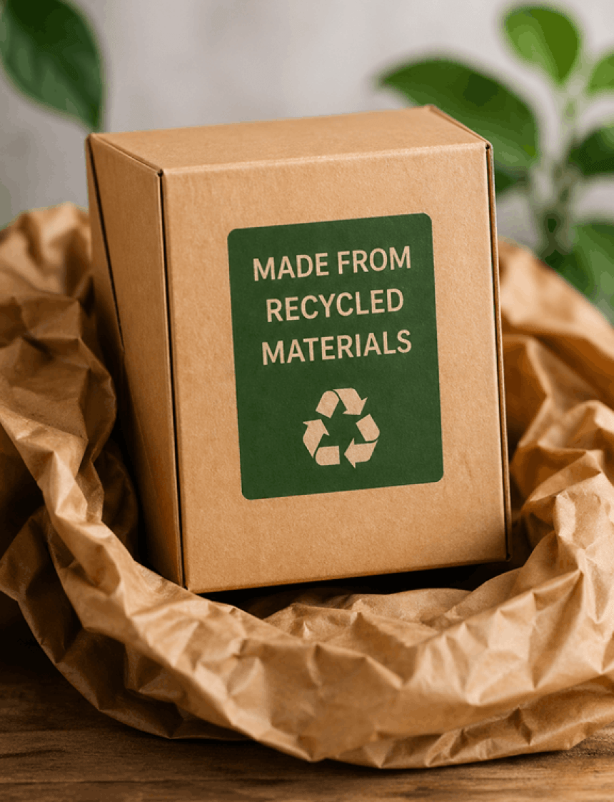 Kartonowe pudełko na brązowym papierze pakowym. Na pudełku jest zielona etykieta z napisem "Made from recycled materials" i uniwersalnym symbolem recyklingu.