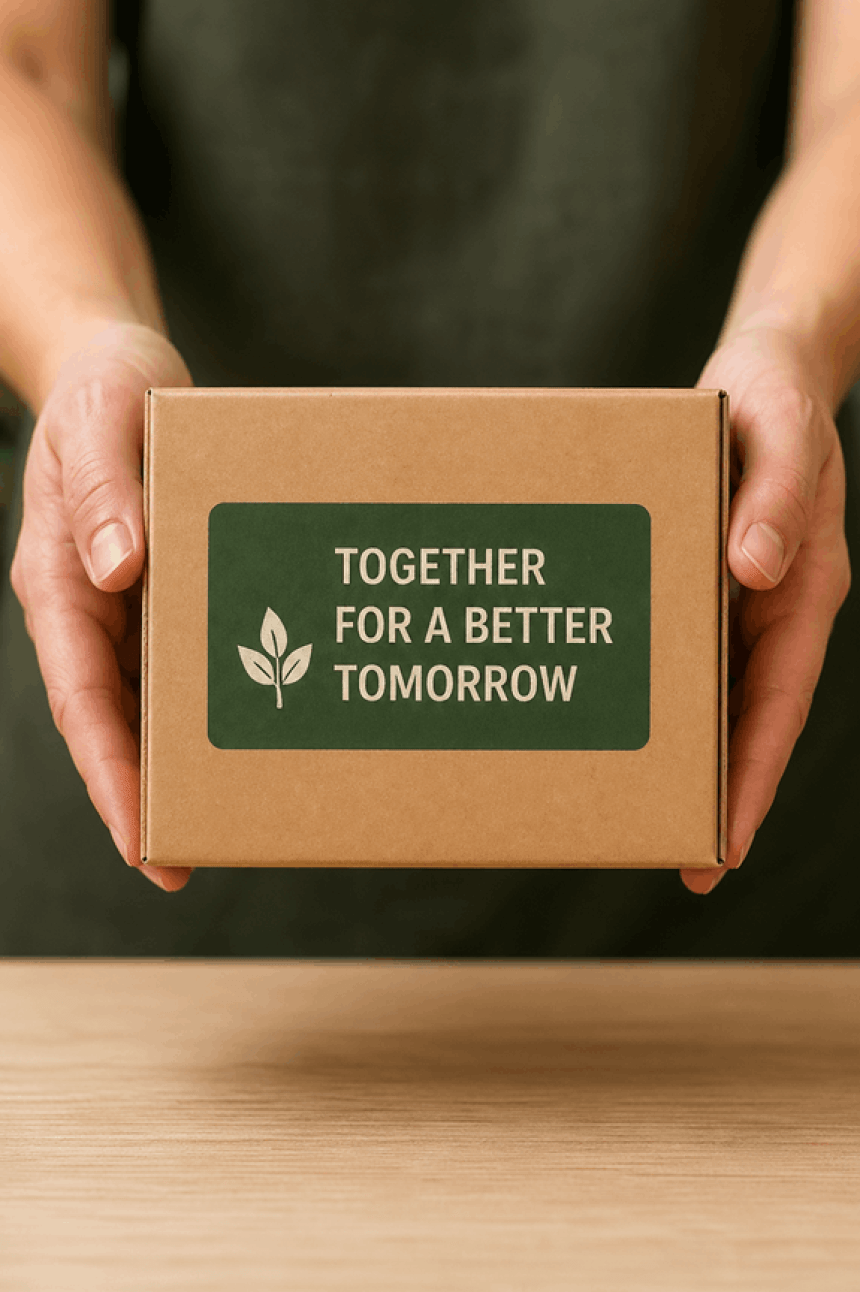 Dłonie trzymające kartonowe pudełko z zieloną etykietą, na której widnieje napis: "Together for a better tomorrow" i ikona listka, symbolizujące zrównoważony rozwój.