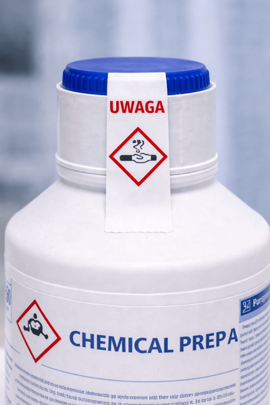 Zbliżenie na białą butelkę z chemikaliami i niebieską zakrętką. Na zakrętce umieszczono białą plombę zabezpieczającą z czerwonym napisem "UWAGA" oraz piktogramem GHS informującym o substancji żrącej.