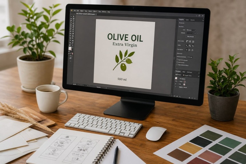 Projektowanie etykiety na oliwę z oliwek w programie graficznym na monitorze komputera. Na biurku widać szkice, próbki kolorów, klawiaturę i myszkę, co symbolizuje proces tworzenia opakowań.