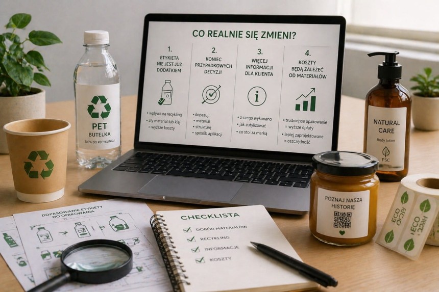 Laptop na biurku wyświetlający slajd "Co realnie się zmieni?". Slajd wymienia 4 punkty dotyczące etykiet, decyzji, informacji dla klienta i kosztów materiałów. Wokół laptopa leżą różne opakowania produktów i checklisty.