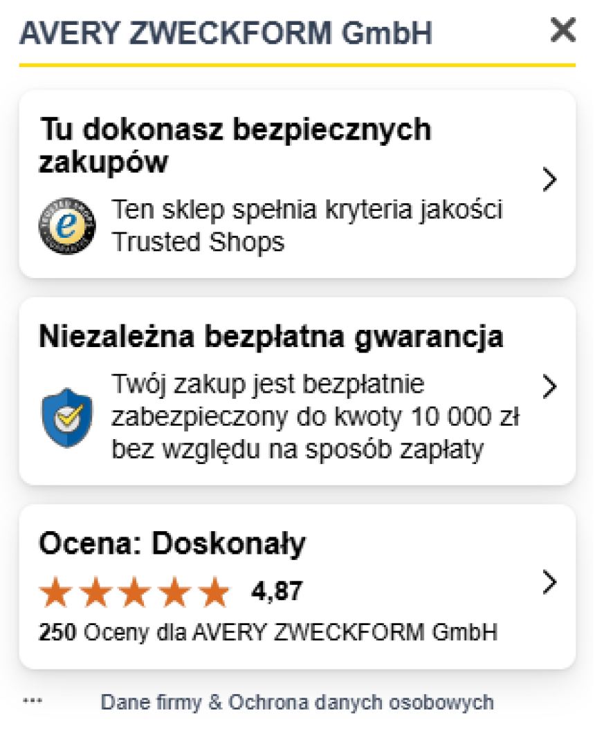 Certyfikat Trusted Shops dla Avery Zweckform z oceną 4.88/5.00, opisany jako "Bardzo dobry", z informacją o Ochronie Kupującego.