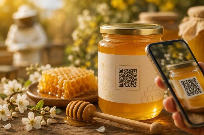 Dłoń trzymająca smartfon skanuje kod QR umieszczony na etykiecie słoika z miodem. W tle idylliczna scena z pasieki: plaster miodu, nabierak, kwitnące kwiaty i postać pszczelarza w oddali. Zdjęcie ilustruje nowoczesny sposób na uzyskanie dodatkowych informacji o produkcie.