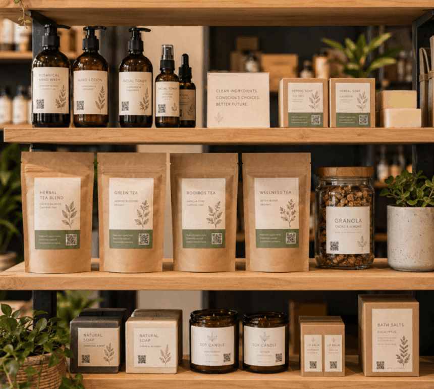 Drewniane półki sklepowe wypełnione szeroką gamą produktów ekologicznych. Widoczne są m.in. miody, herbaty, mydła, kosmetyki w butelkach i słoikach oraz świece. Wszystkie produkty mają spójne, minimalistyczne etykiety, tworząc jednolity wizerunek marki.