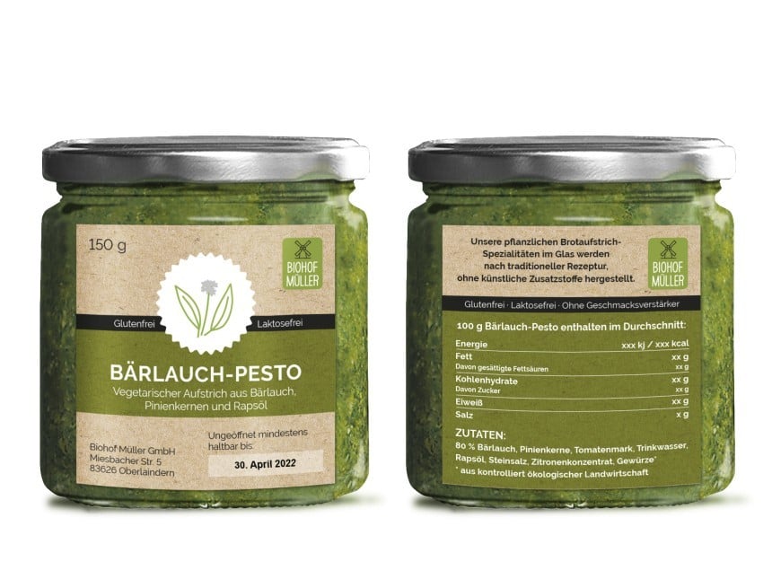 Etykieta produktu: Pesto z czosnku niedźwiedziego (Bärlauch-Pesto) marki Biohof Müller, 150g. Produkt bezglutenowy i bezlaktozowy. Skład: 86% czosnek niedźwiedzi, orzeszki piniowe, koncentrat pomidorowy, woda, olej rzepakowy, sól kamienna, koncentrat soku z cytryny, przyprawy.