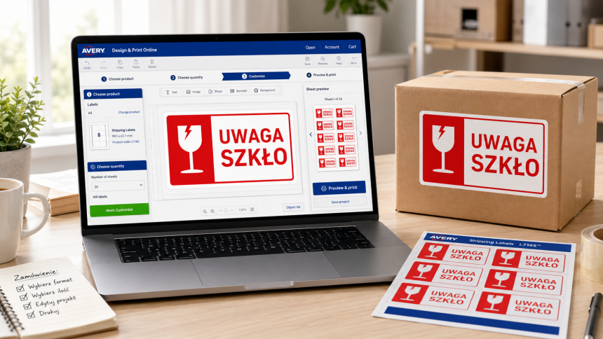 Projektowanie etykiety „Uwaga szkło” w Avery Design & Print Online oraz gotowe oznaczenia na paczkę.