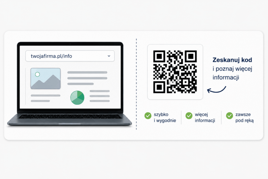 Laptop z otwartą stroną internetową obok kodu QR z wezwaniem do działania "Zeskanuj kod i poznaj więcej informacji". Poniżej wypisane korzyści: szybko, więcej informacji, zawsze pod ręką.