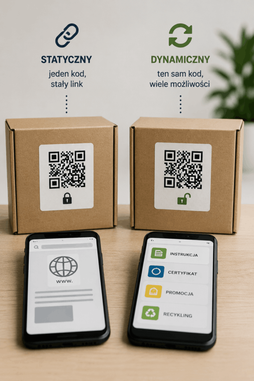 Porównanie kodu QR statycznego i dynamicznego. Kod statyczny prowadzi do jednego, stałego linku. Kod dynamiczny, choć wygląda tak samo, pozwala na zmianę docelowej treści, co ilustruje menu z różnymi opcjami na telefonie.
