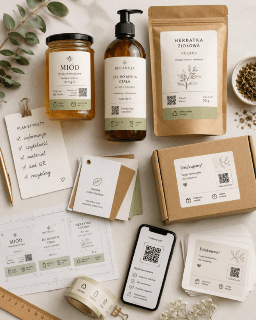 Kompozycja różnych produktów i materiałów marketingowych (miód, żel, herbata, etykiety) z jednolitym brandingiem i kodami QR. Zdjęcie ilustruje kompleksowe zastosowanie kodów w strategii marki.
